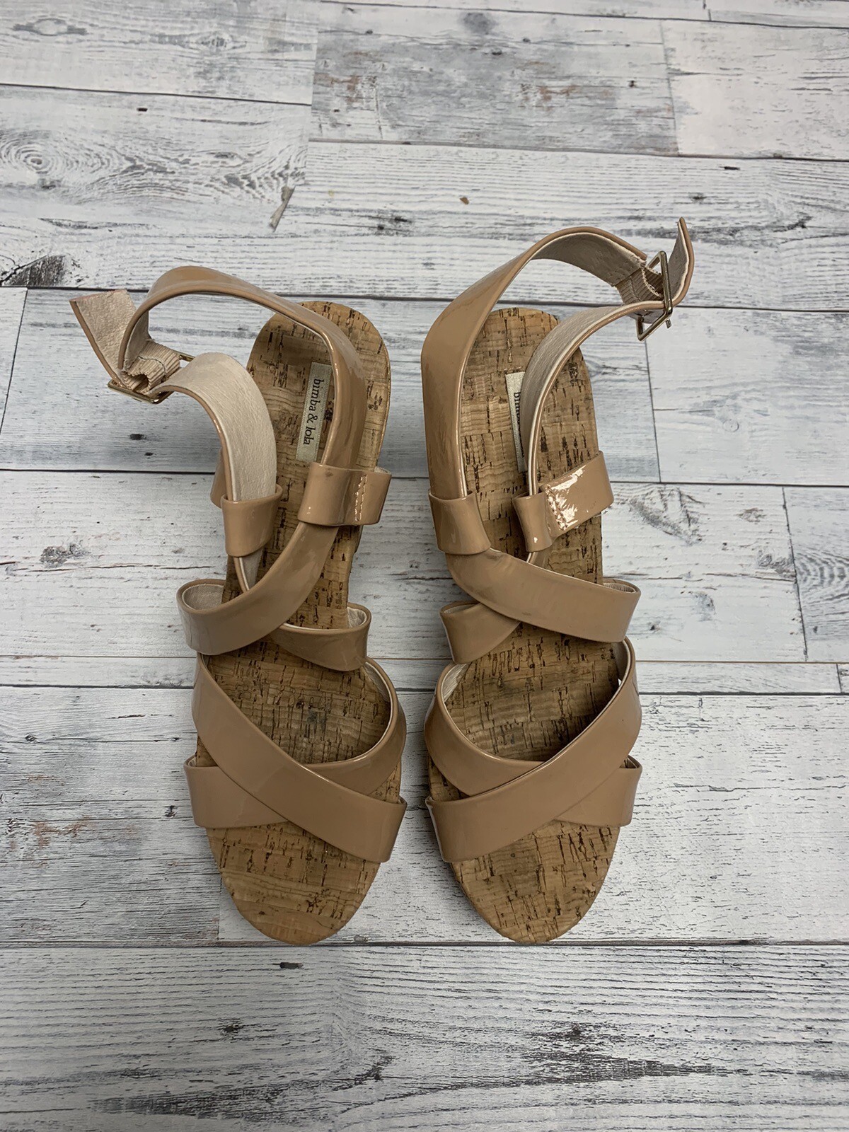 Bimba Y Lola Beige Strap Wedges Platform Cork Heel Sling back Ankle Strap S 10