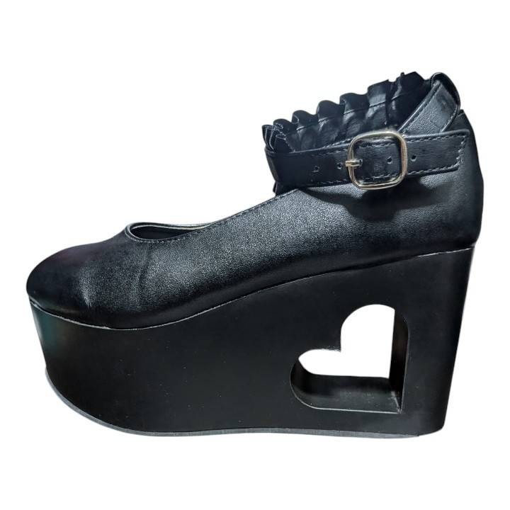Y2K Heart Wedge Pumps Faux Leather Strap Black 23cm Heels Round Toe frill Belt