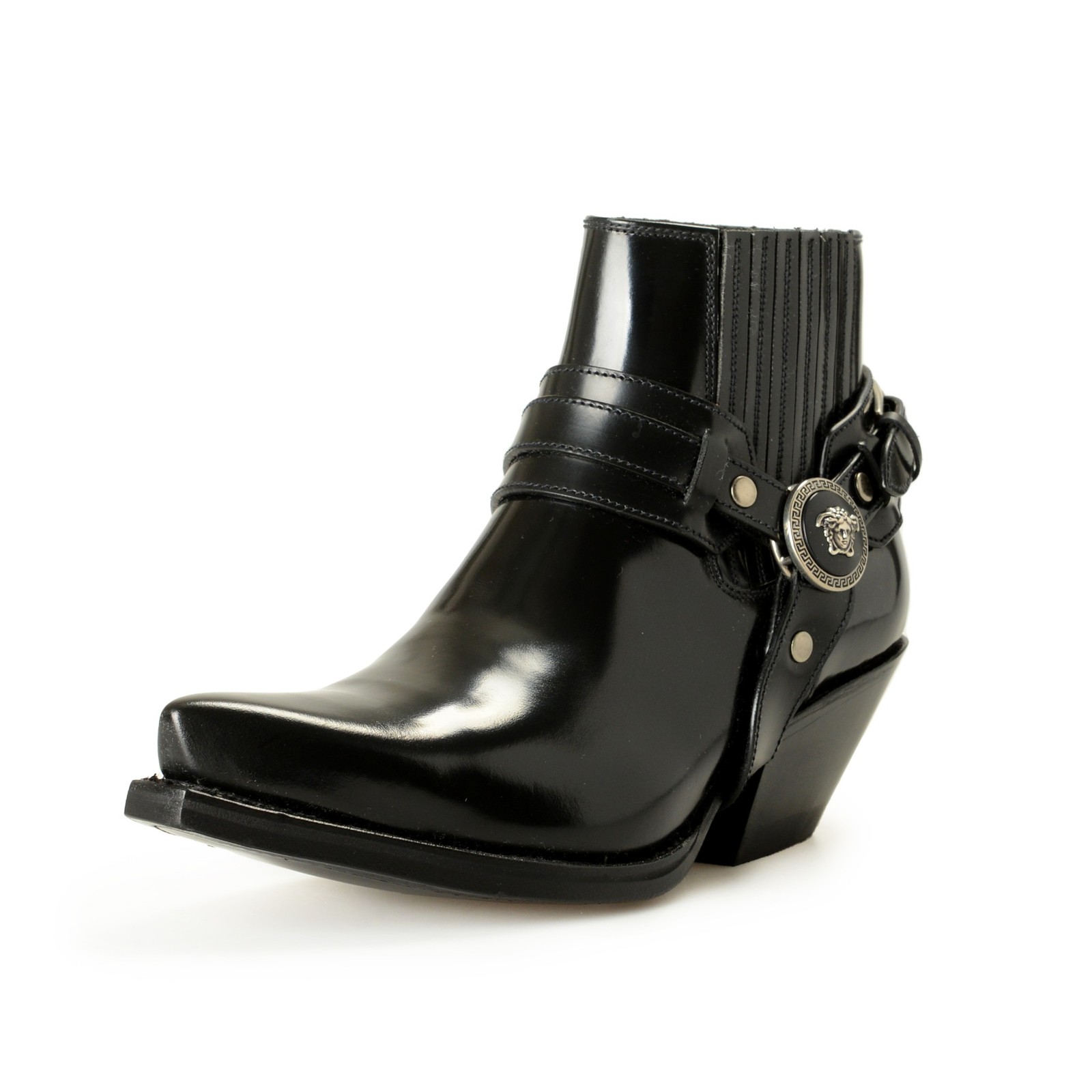 Versace Women’s Black Leather Silver Medusa Heeled Booties Shoes US 6 IT 36