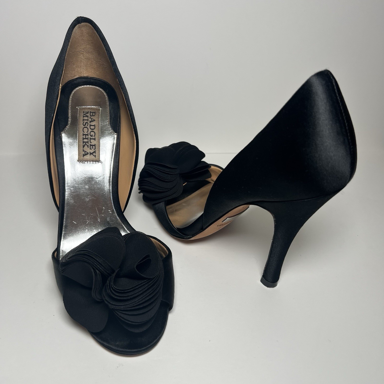 Badgley Mischka Black D’Orsay Peep Toe Satin Stiletto Heels Flower US 6.5/ EU 36