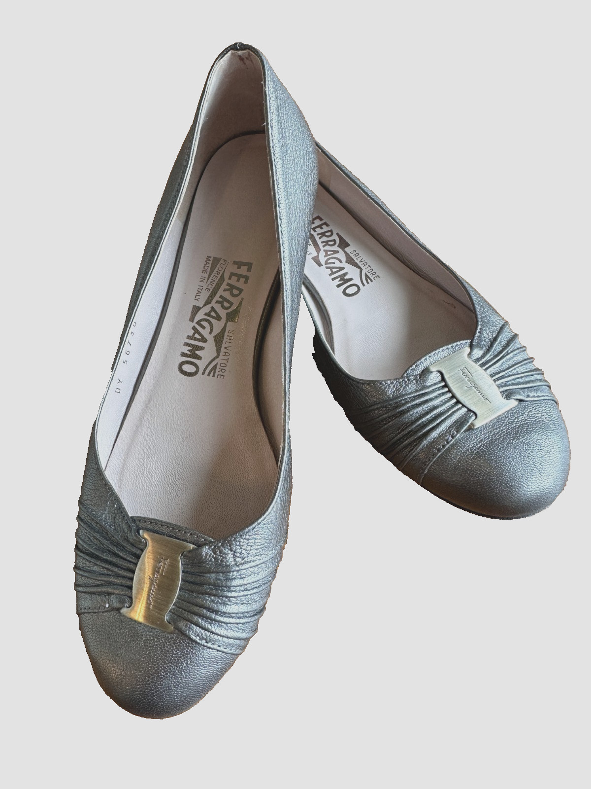 Ferragamo Taupe Metallic Ballet Flat, US Size 6B