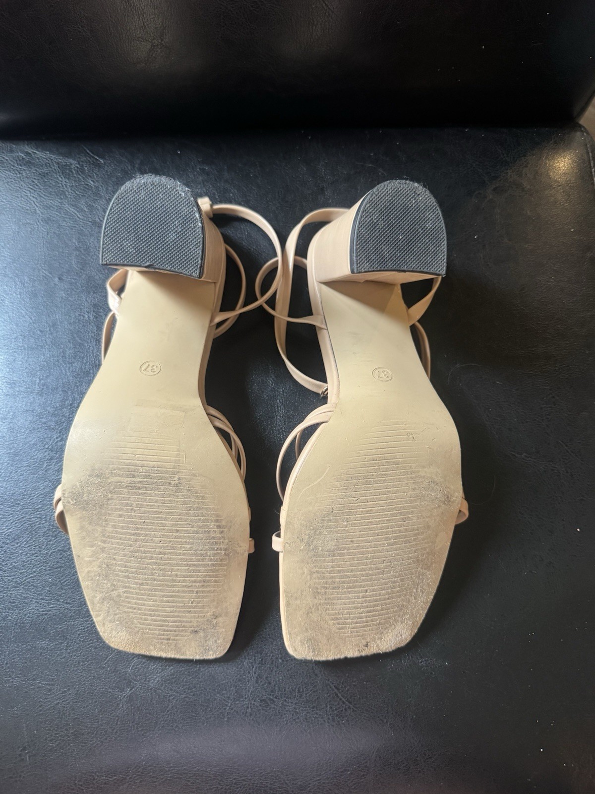 Women’s Beige Strappy Square Toe Block Heel Sandals Ankle Strap Buckle 6.5