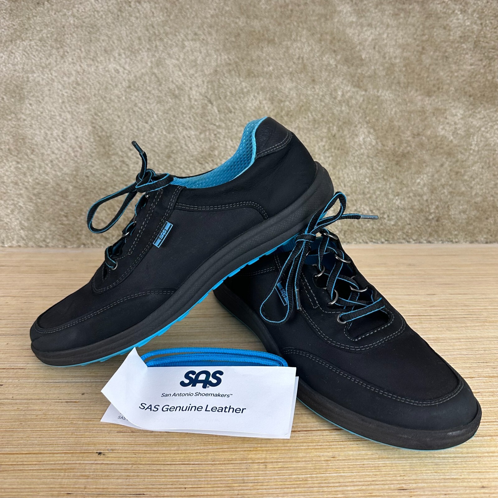 SAS Womens Sporty Sneakers 7.5 Slim AAA Black Blue Trim Lace Up Comfort Shoes
