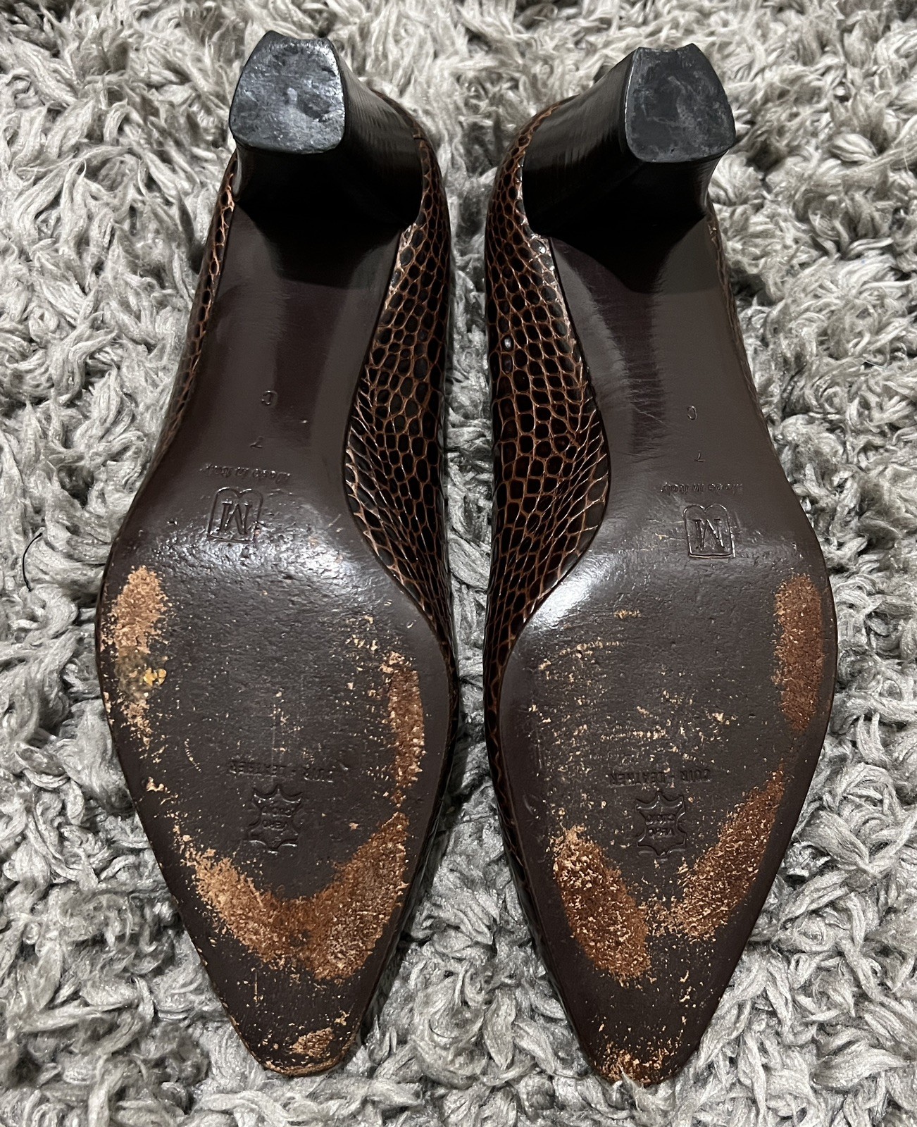 Vintage Bruno Magli Women Pumps Brown Embossed Reptile Print 2.5 In Heel Size 7