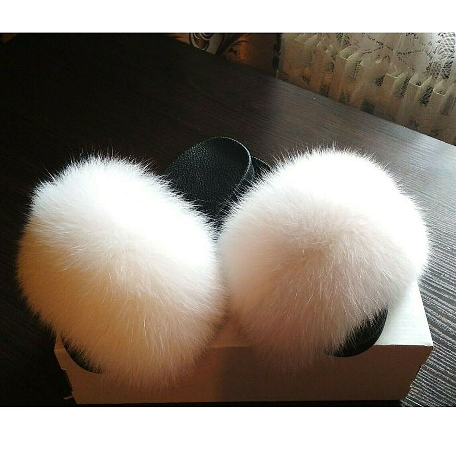 Women Real FOX Fur Slides Fluffy Slippers Women Girl Beach Furry Sandals Leather