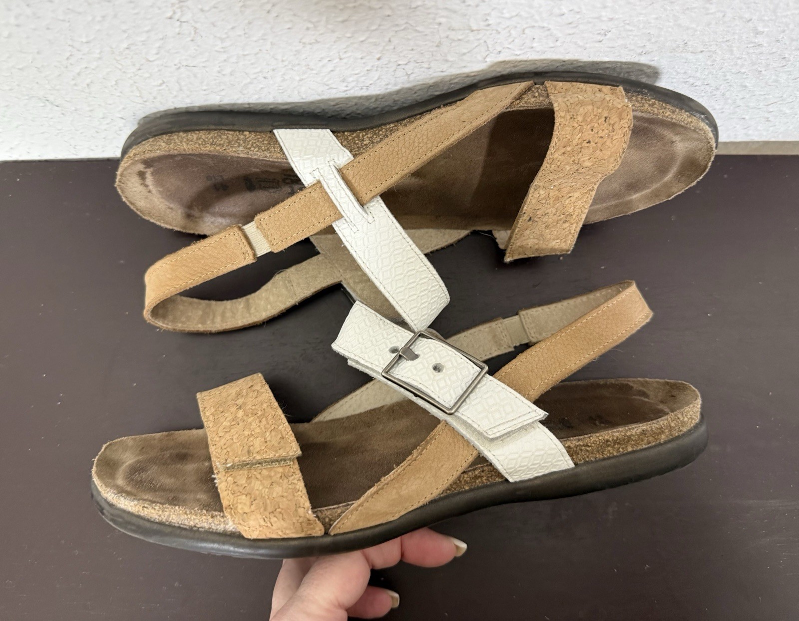 Naot Norah Cork & White Leather Sandals EU 41/ US 10-10.5 Women Comfort Leather