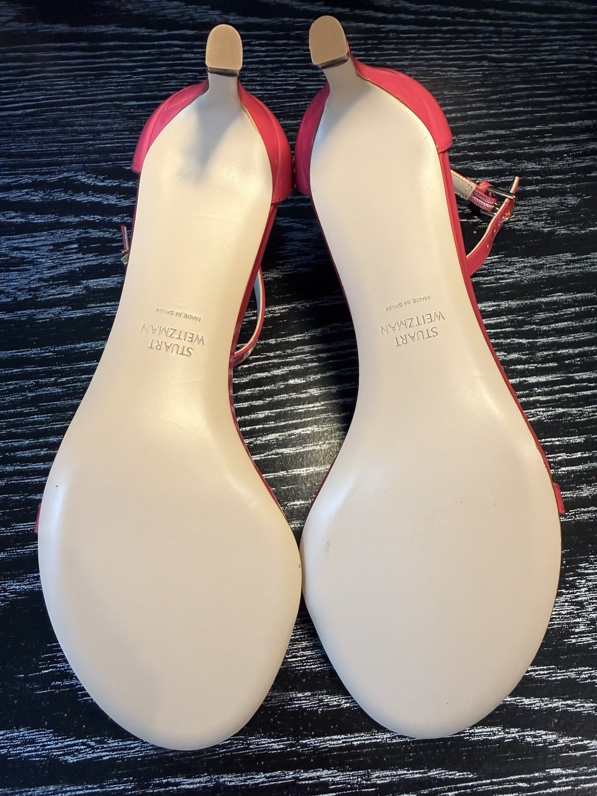 New Stuart Weitzman Pink Patent Leather Open Toe Strappy Buckle Heels US 5.5