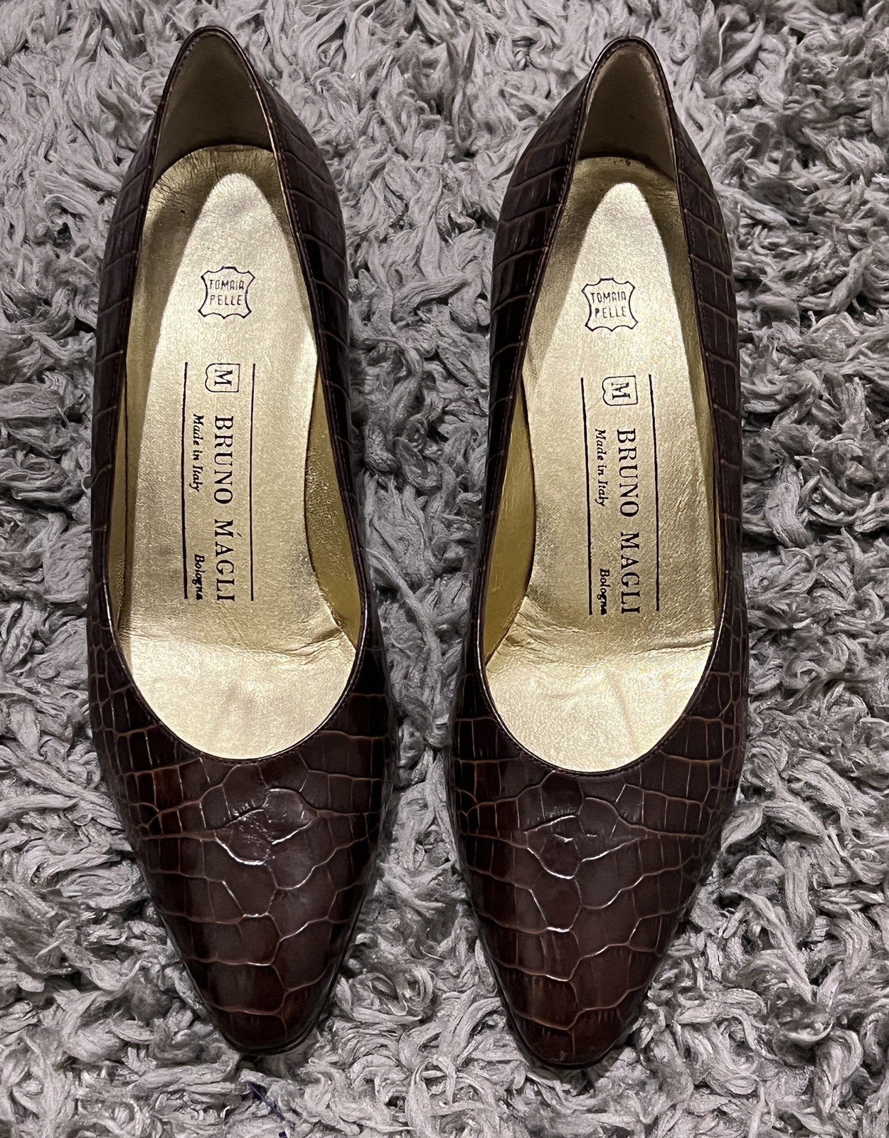 Vintage Bruno Magli Women Pumps Brown Embossed Reptile Print 2.5 In Heel Size 7