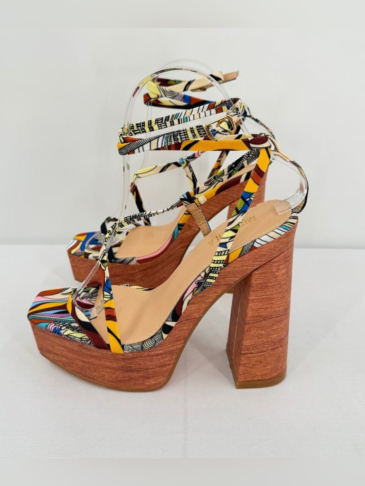 Resort Platform faux wood Block Heel Sandals Multicolor Vacation Heels 6.5