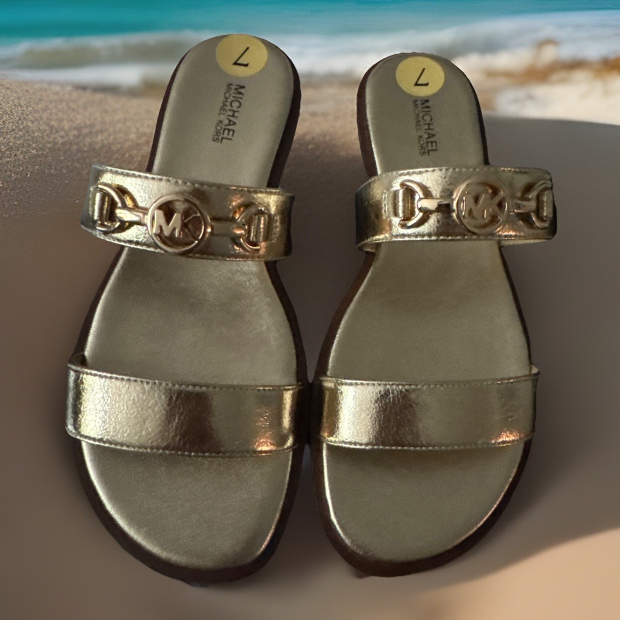 NEW Michael Kors Women Man Made Gold Tone Slip On Flat Sandal, Sz. 7.5M; 9 M