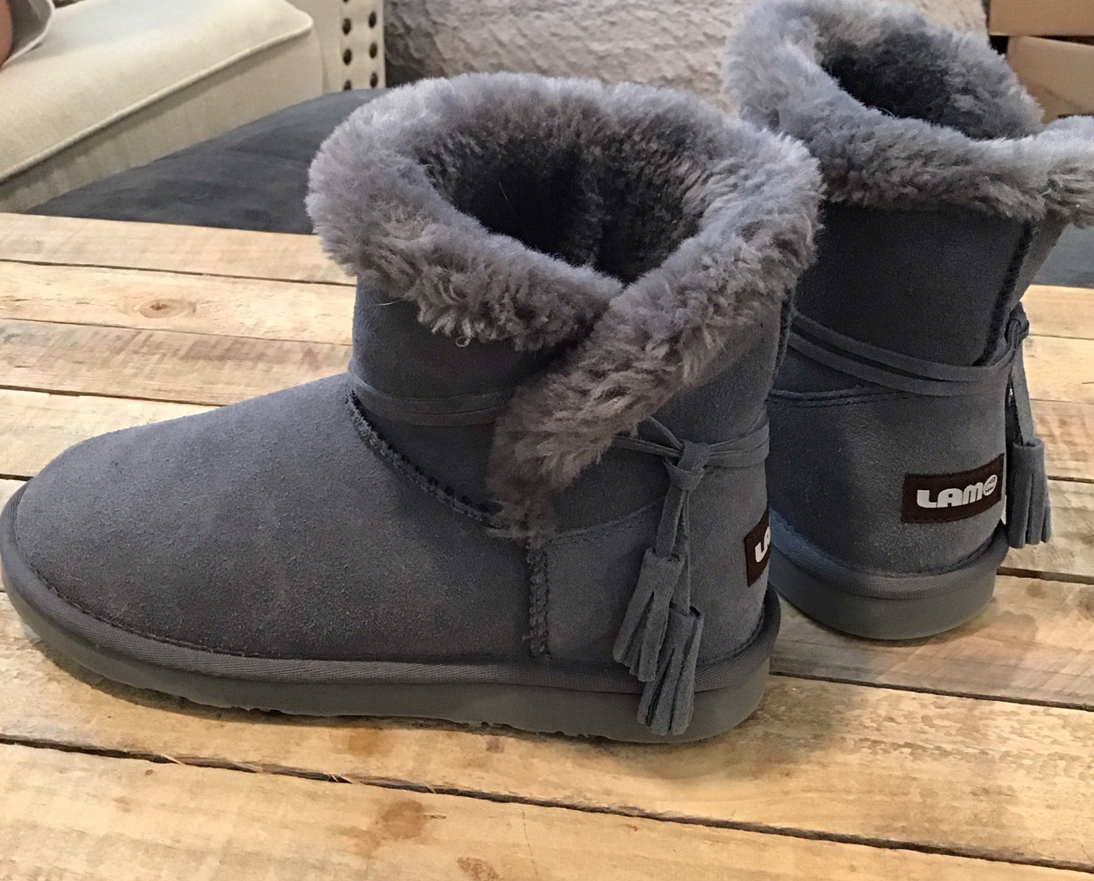 Lam Thalia Womens Sz 7 Ankle Boots Faux Fur Lining Suede Gray Pull On