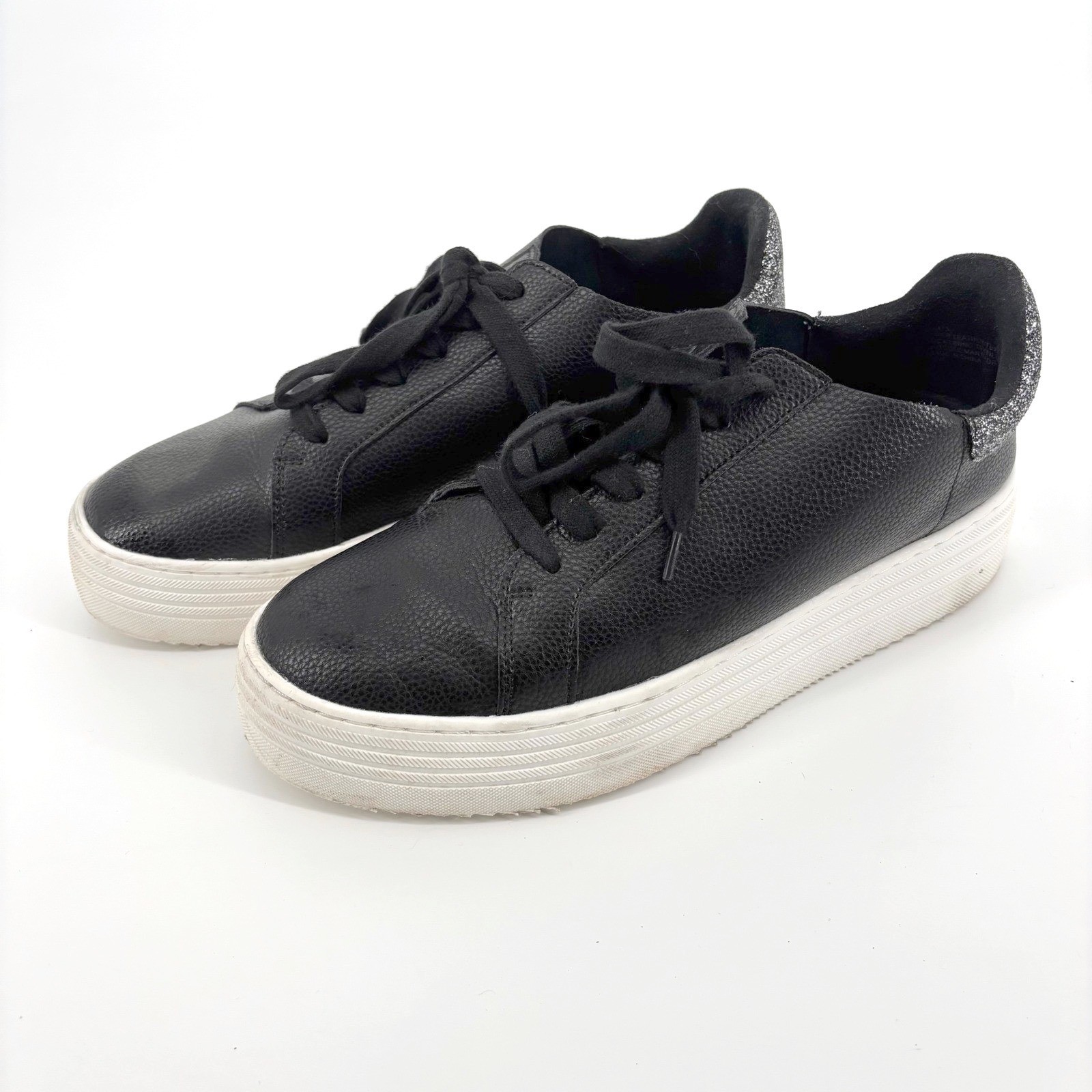 Joy Platform Comfort Leather Sneakers Size 10W Black White Glitter Heel Casual