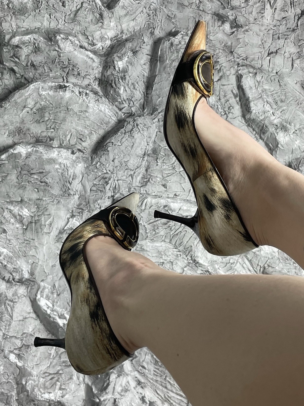 Vintage Just Roberto Cavalli 00s Animal Fur Pattern Buckle Archive Heels 38 Y2K