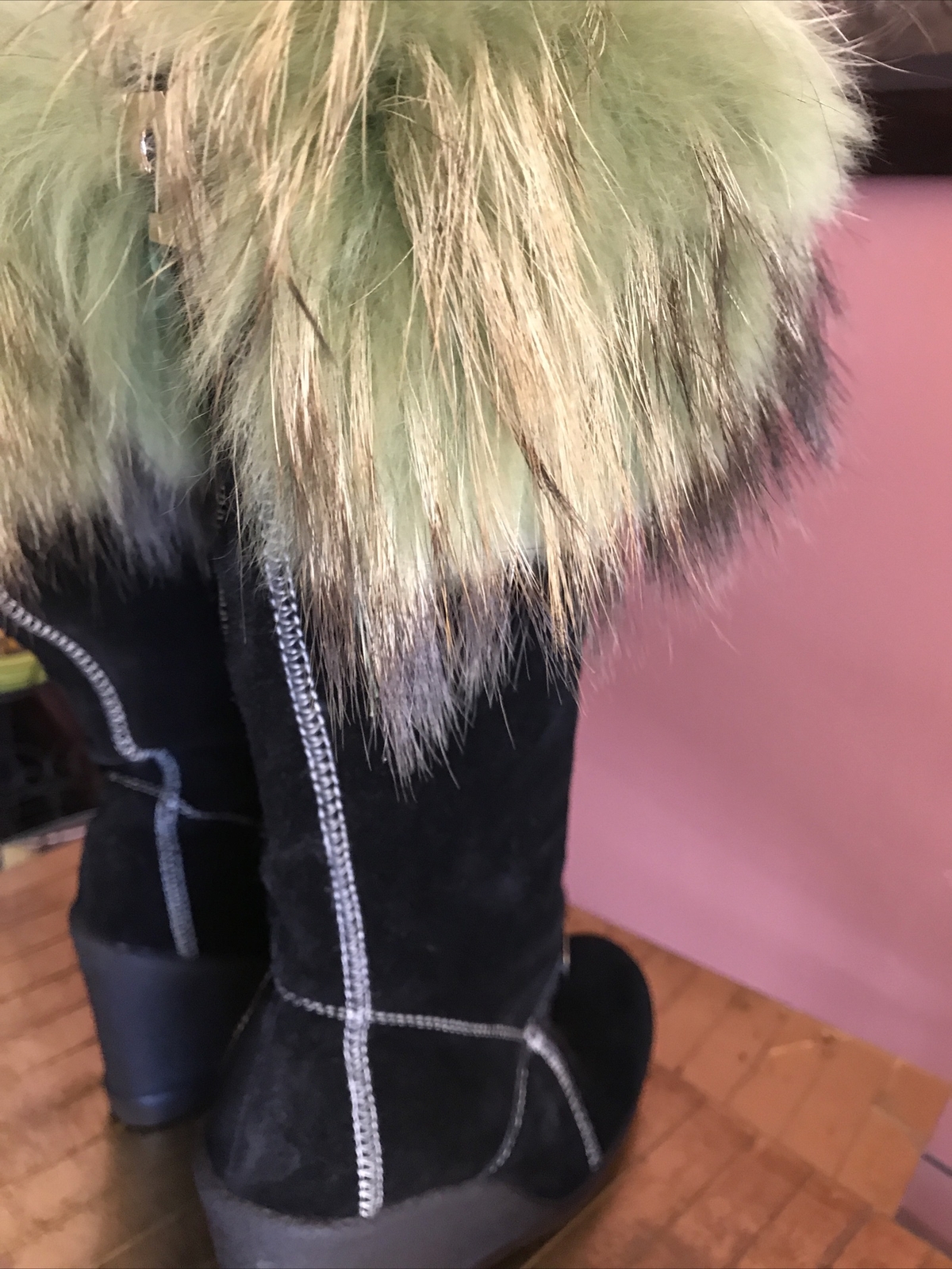 Handmade GORGEOUS BLACK SUEDE & FOX NATURAL FUR wedge BOOTS sz US 7.0