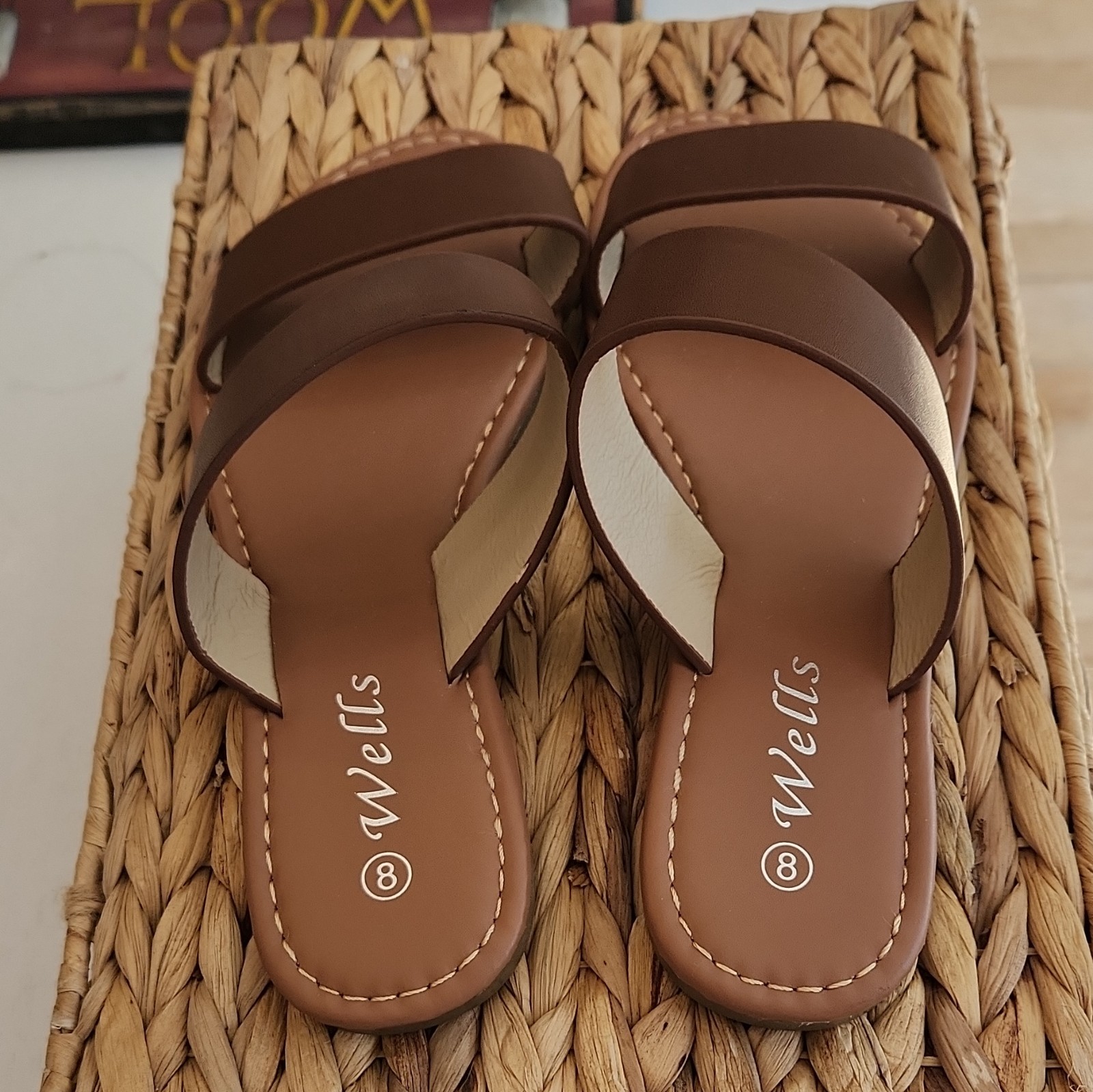 Wells Women’s Brown Synthetic Two-Strap Slide Sandals US Size 8