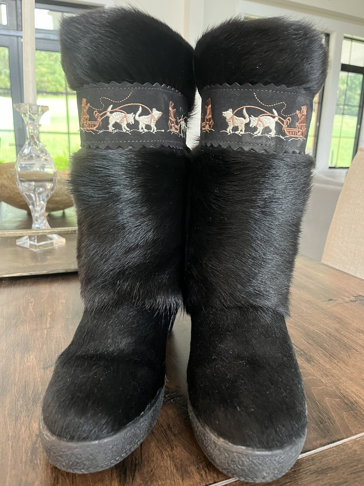 Christina Leather & Fur Embroidered Boots Made In Italy Black Size 42 Or 10/10.5