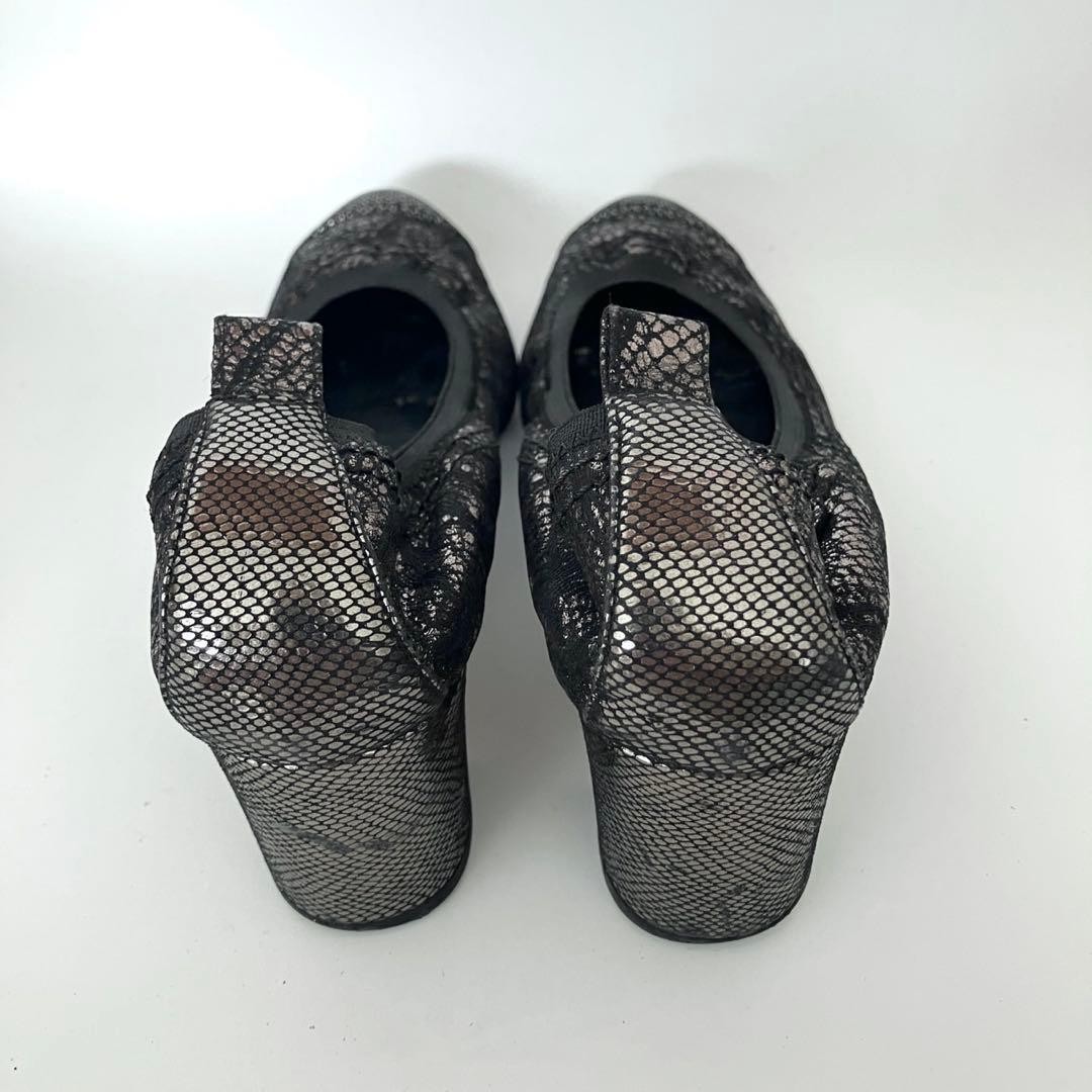 CHANEL Shoes Pumps Heel EU 35.5 US 5.5 Lace Leather Black Silver Authentic