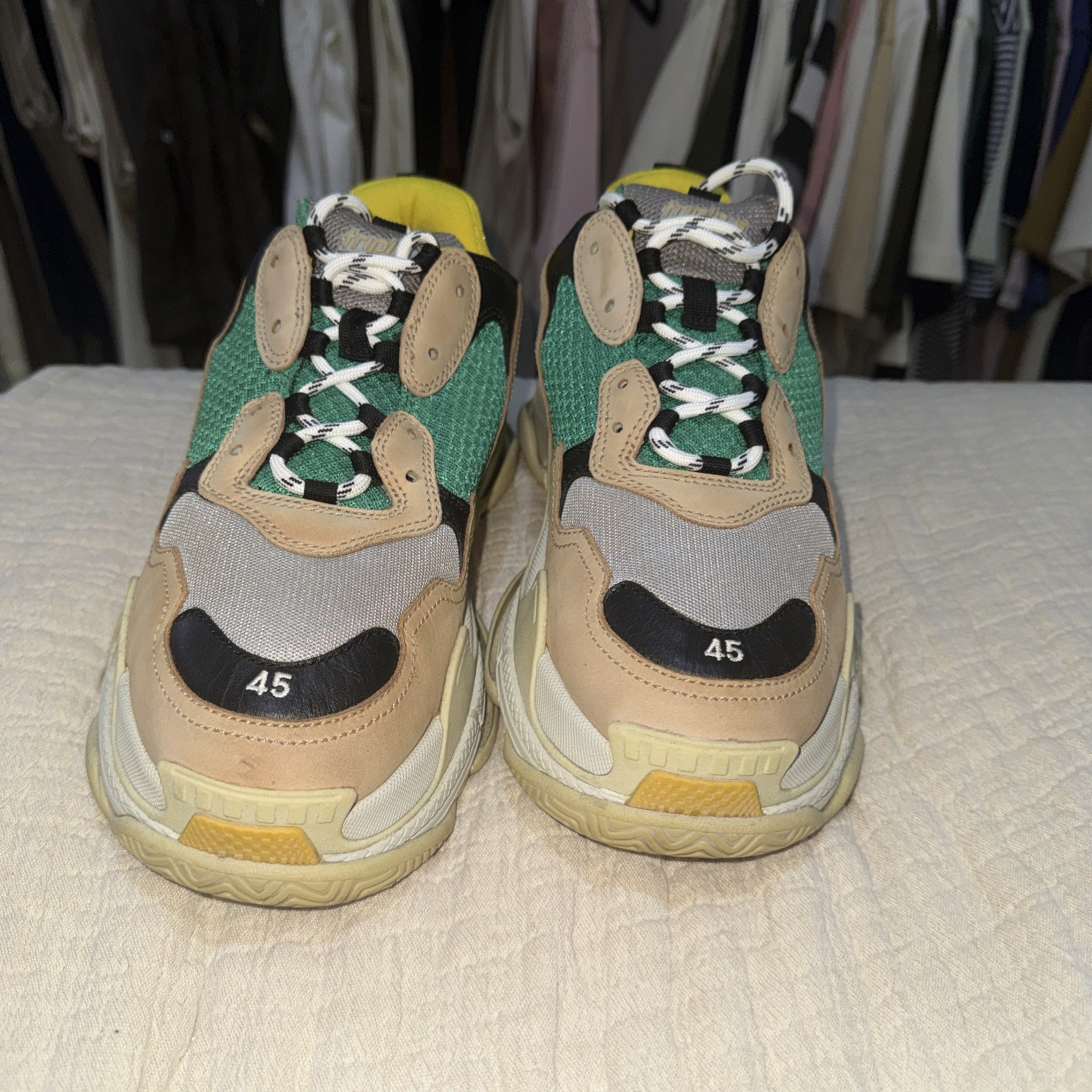 Balenciaga Triple S Men’s Low Top Lace-Up Colorblock Sneakers Beige/Green/Yellow