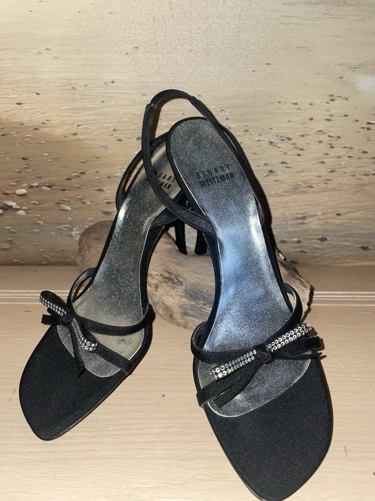 Stuart Weitzman Women’s Black Leather Slingback Square Toe Rhinestone Bow 7.5