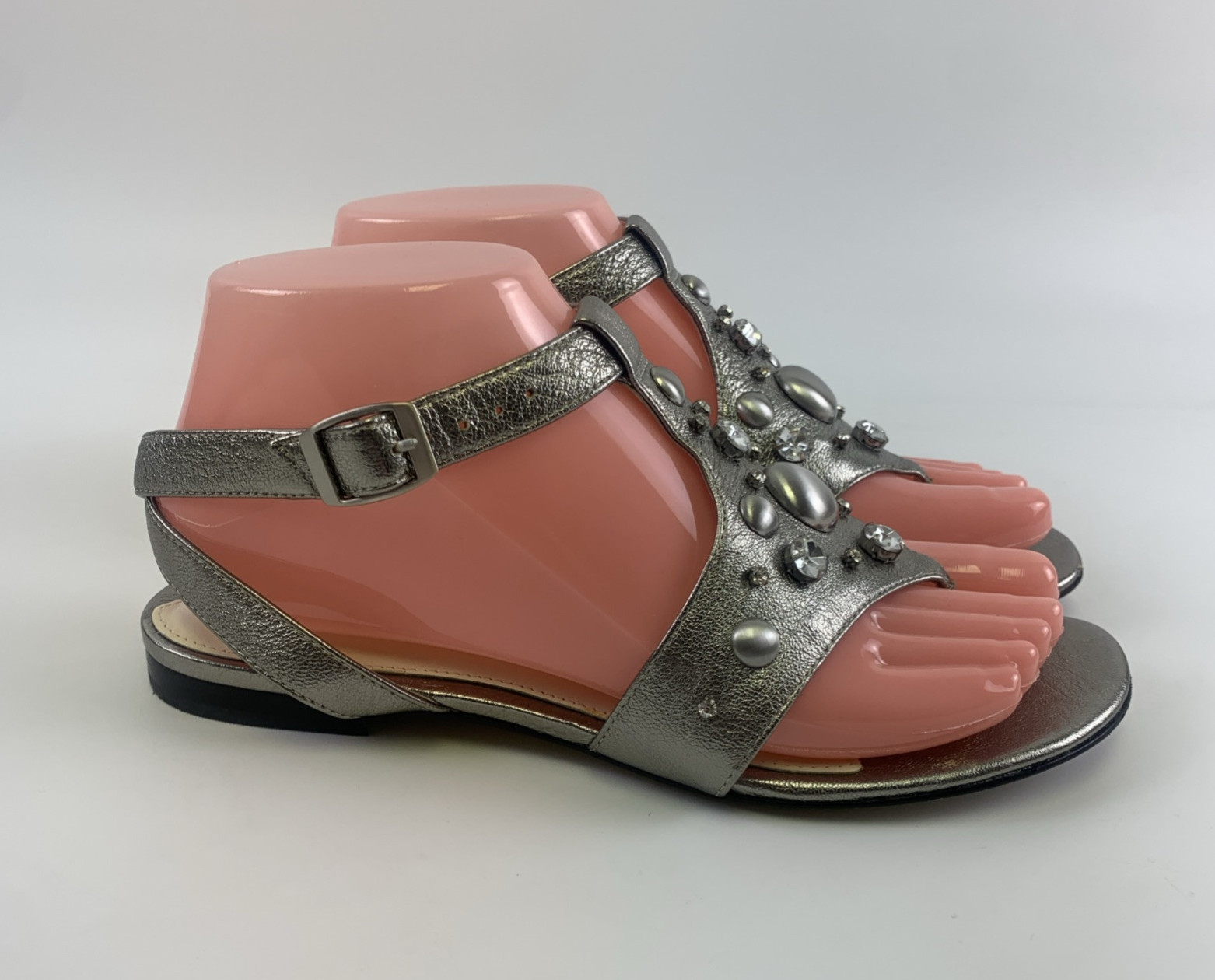 Via Spiga Silver Metallic Sandal Buckle Beaded Rhinestone Ankle Strap Womens 6.5