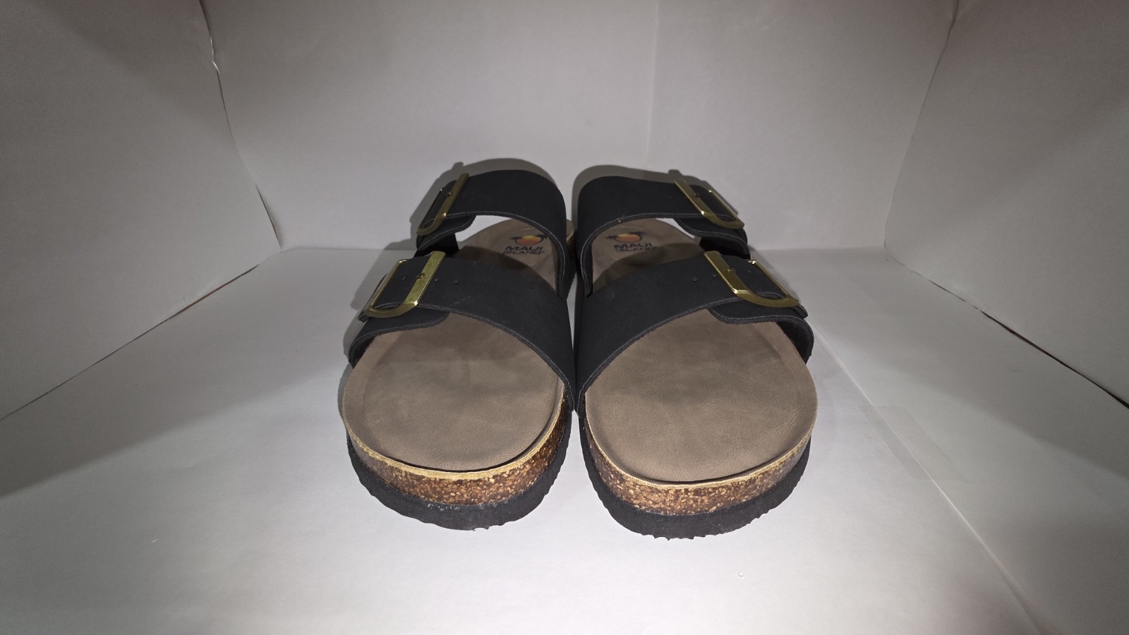 Maui Island Women’s Black 2-Buckle Adjustable Slide Sandals Faux Leather 10M