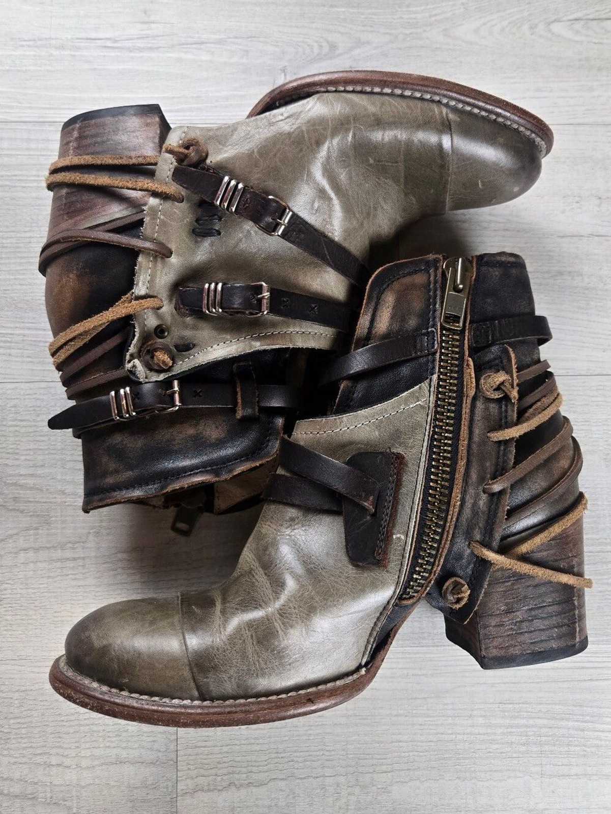 Freebird by Steven Crue Distressed Leather Strappy Ankle Boots Size 10