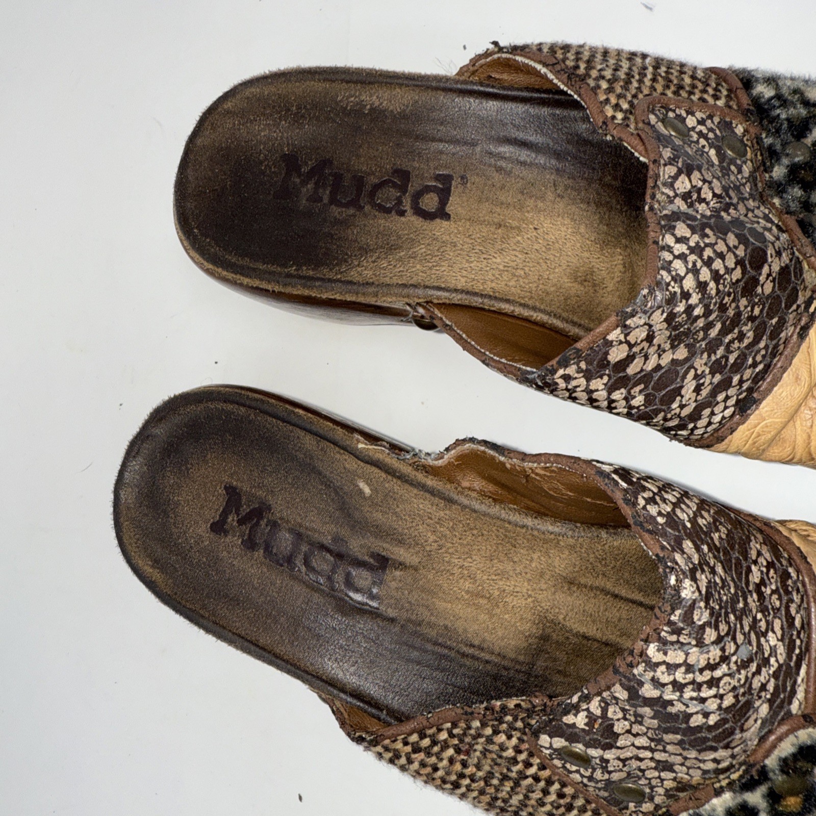 Vintage Y2k Mudd Cheetah Clogs 7 Patchwork Platform Chunky Block Heel WEAR Read