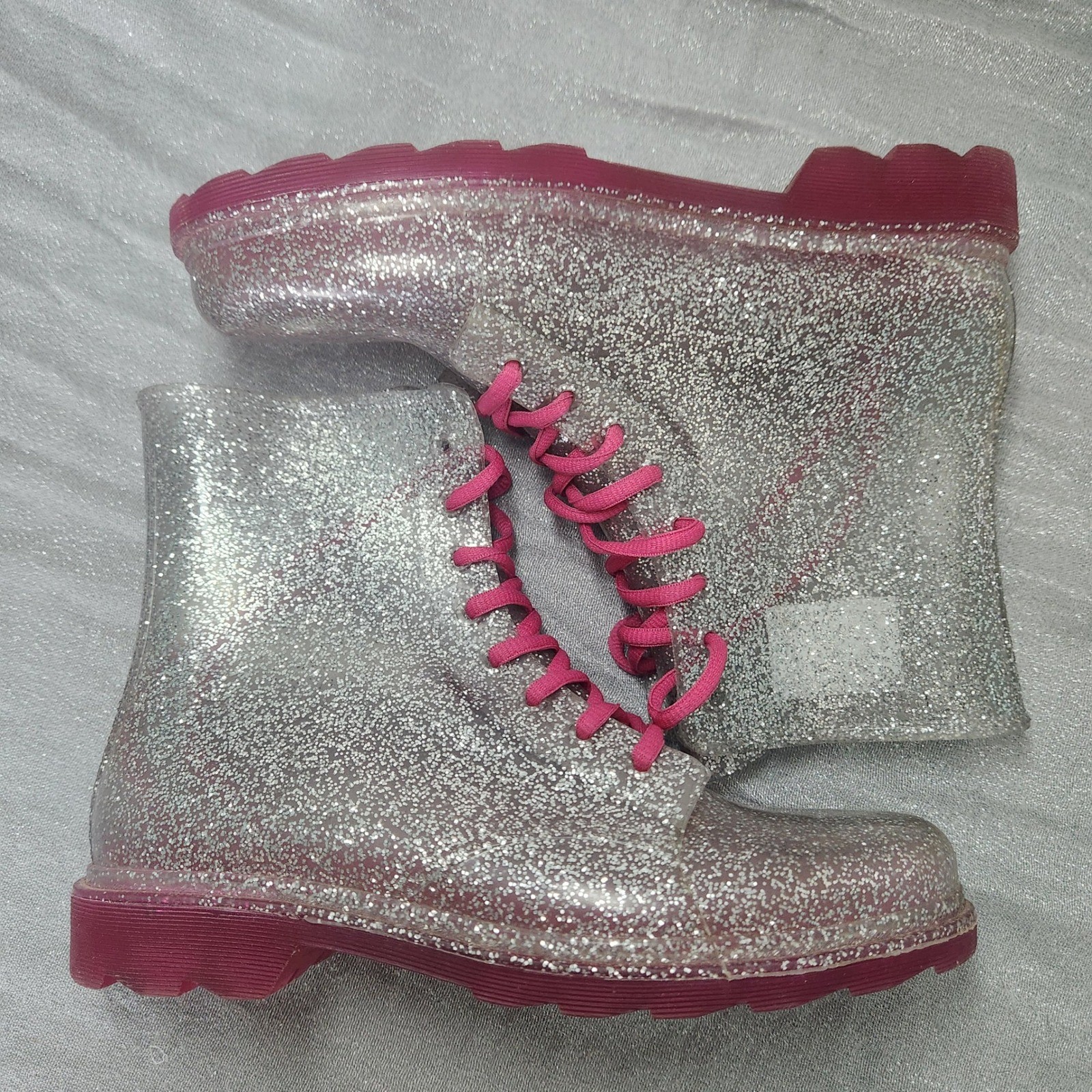 Silver Glitter Jelly Combat Rain Boots Pink Laces Lug Sole Size 5-6