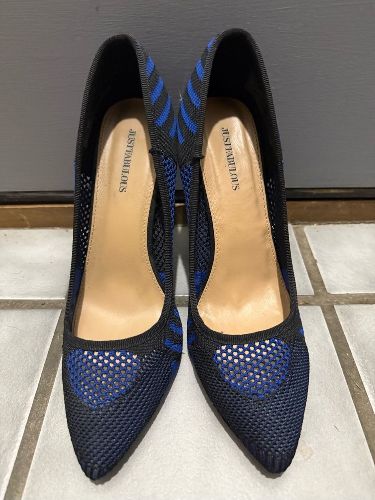 Just Fab “Milly” RoyalBlue Black Striped Mesh Pointed-Toe 5”Stiletto Pumps (9.5)