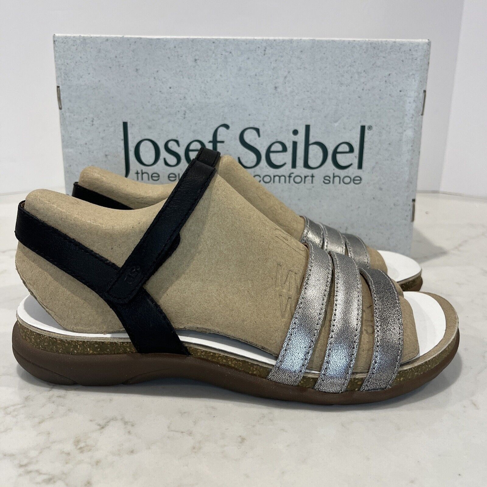 Josef Seibel NEW Sandals Riley Strappy Comfort Shoes Silver Black Cork EU42 US11