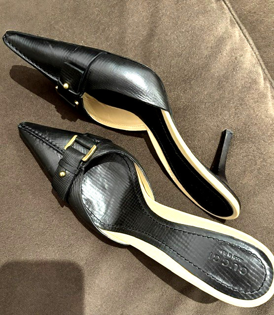 GUCCI women’s 100% leather stilletto mules with logo buckle EU size 8 Italy