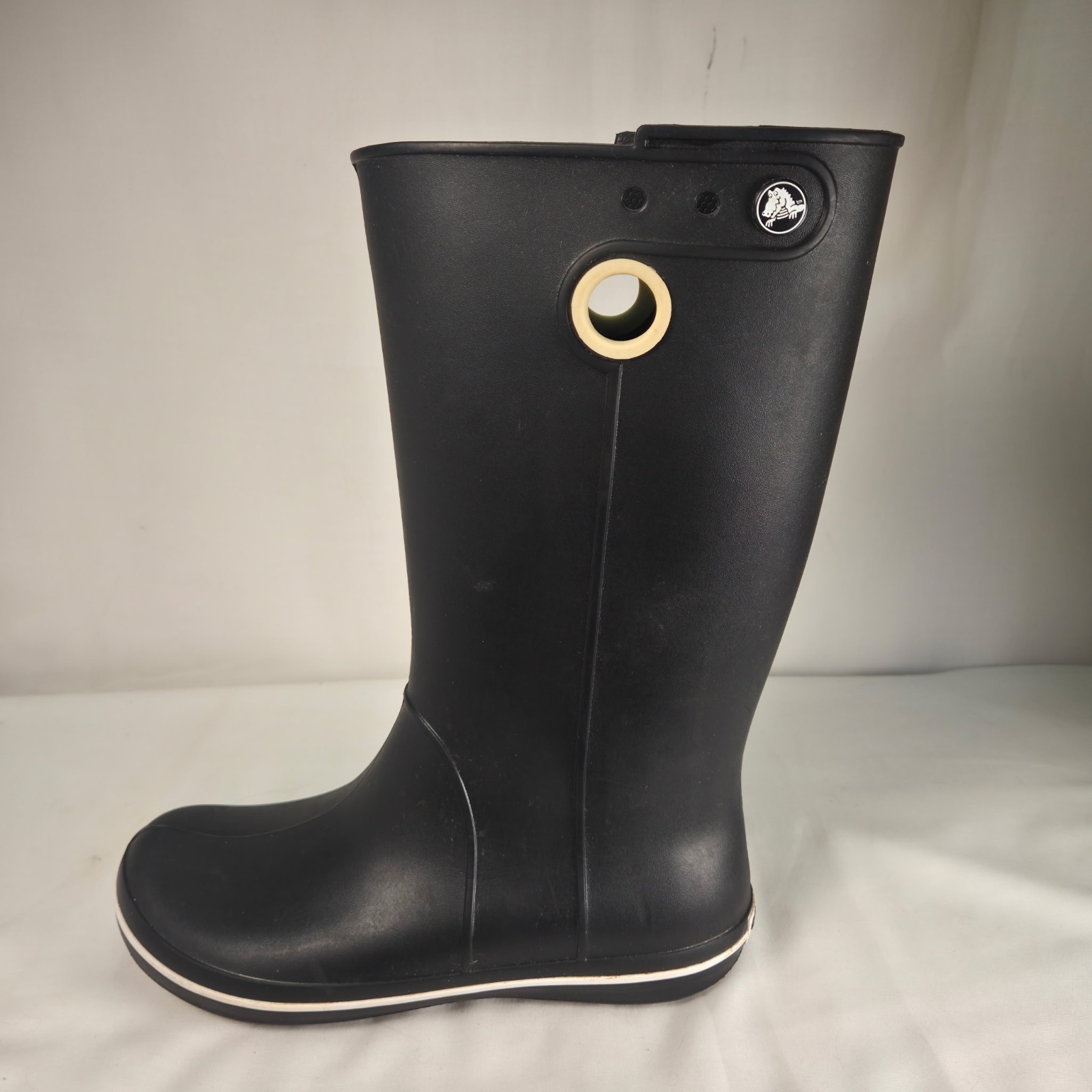 Crocs Tall Rain Boots Jaunt Black With White Trim Womens Size 8