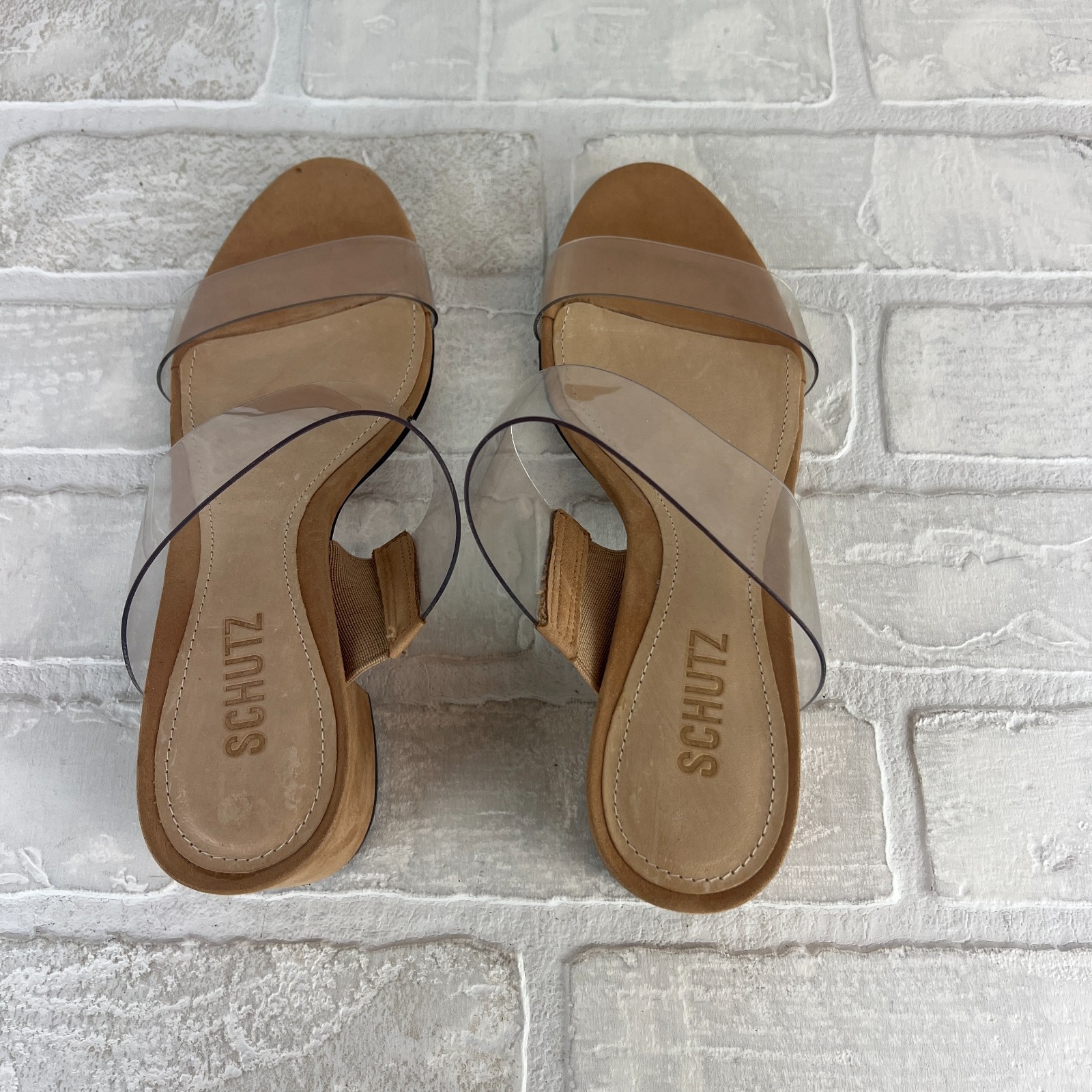 SCHUTZ Heels Victorie Womens 7.5 Nude Transparent 2 Strap Block Heel Sandals B