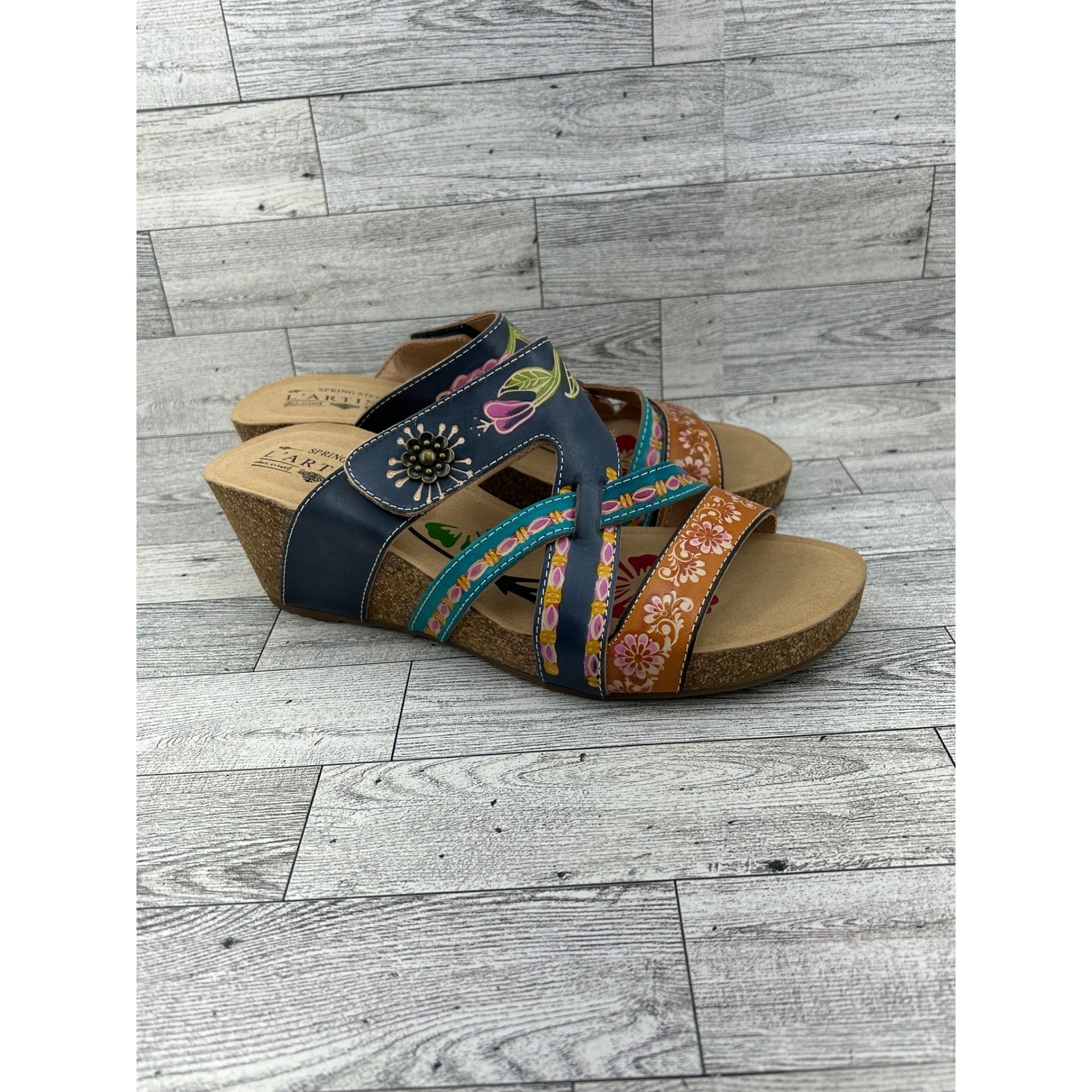L’Artiste Spring Step Swan Multi Hand Painted Leather Wedge Sandals Women 41 10