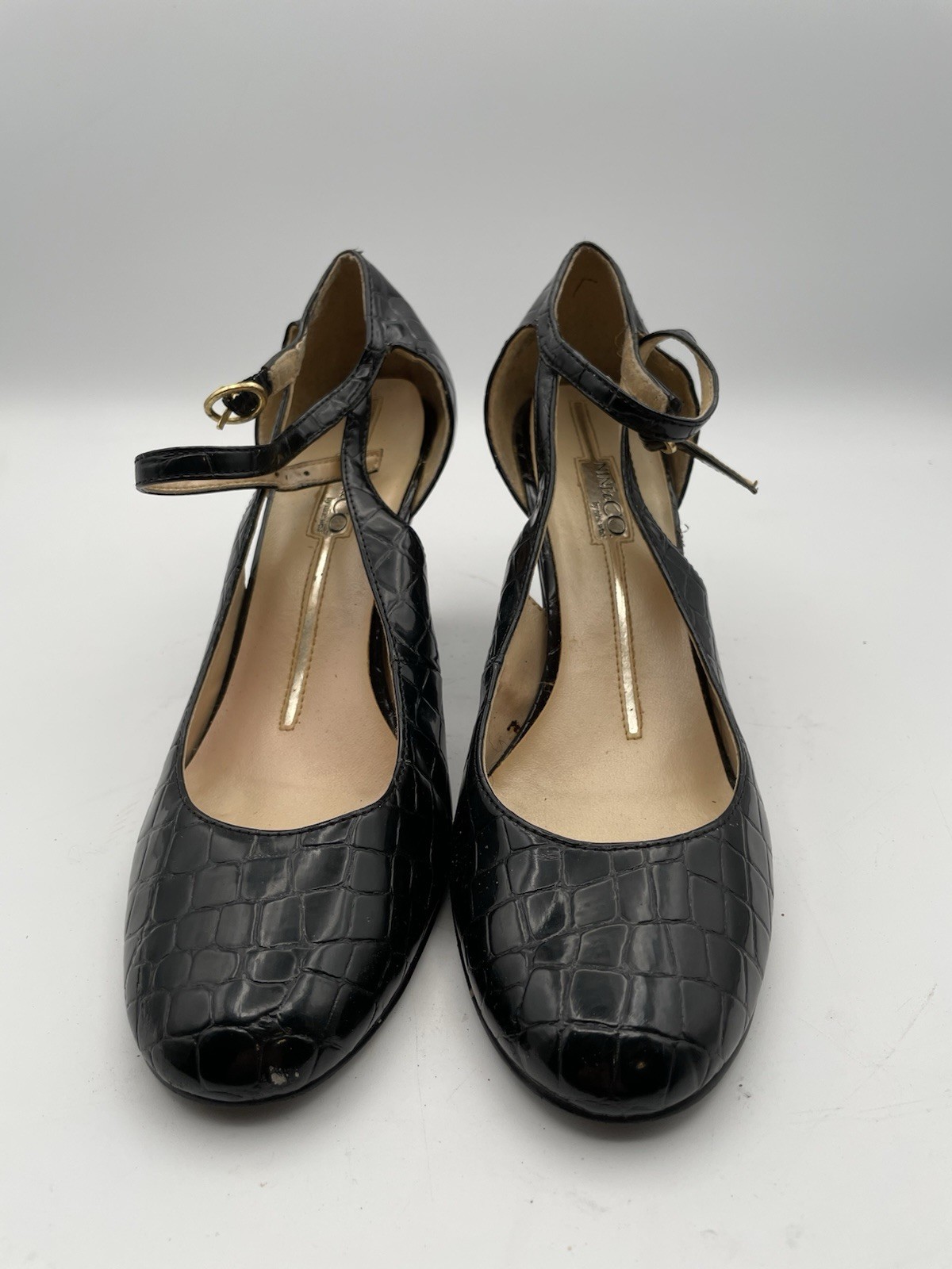 Nine West Black Alligator Look Round Toe Kitten Heel Women Size 8