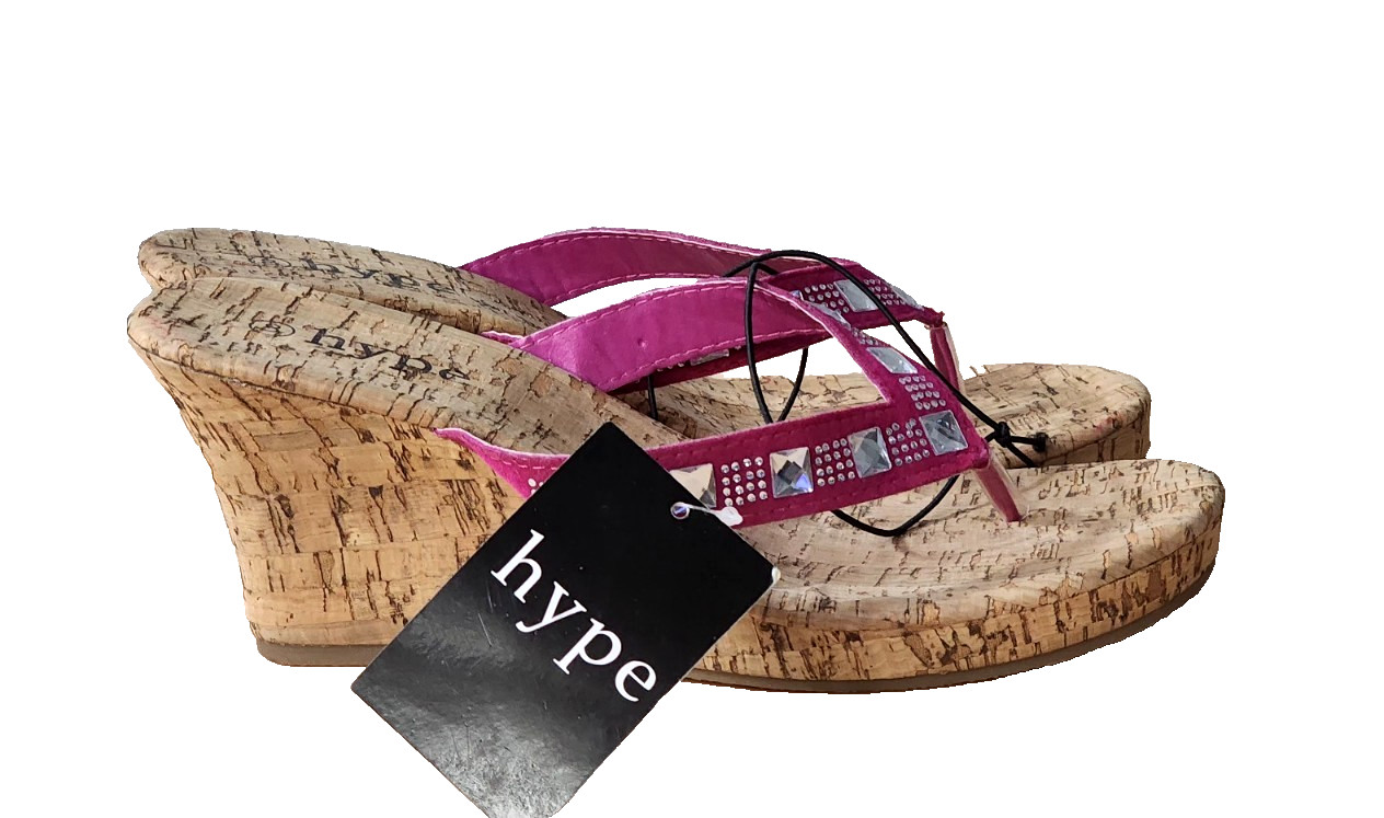 NEW Hype Womens Cork Wedge Sandals Size 8 Pink/Brown 3.25″ High Heel