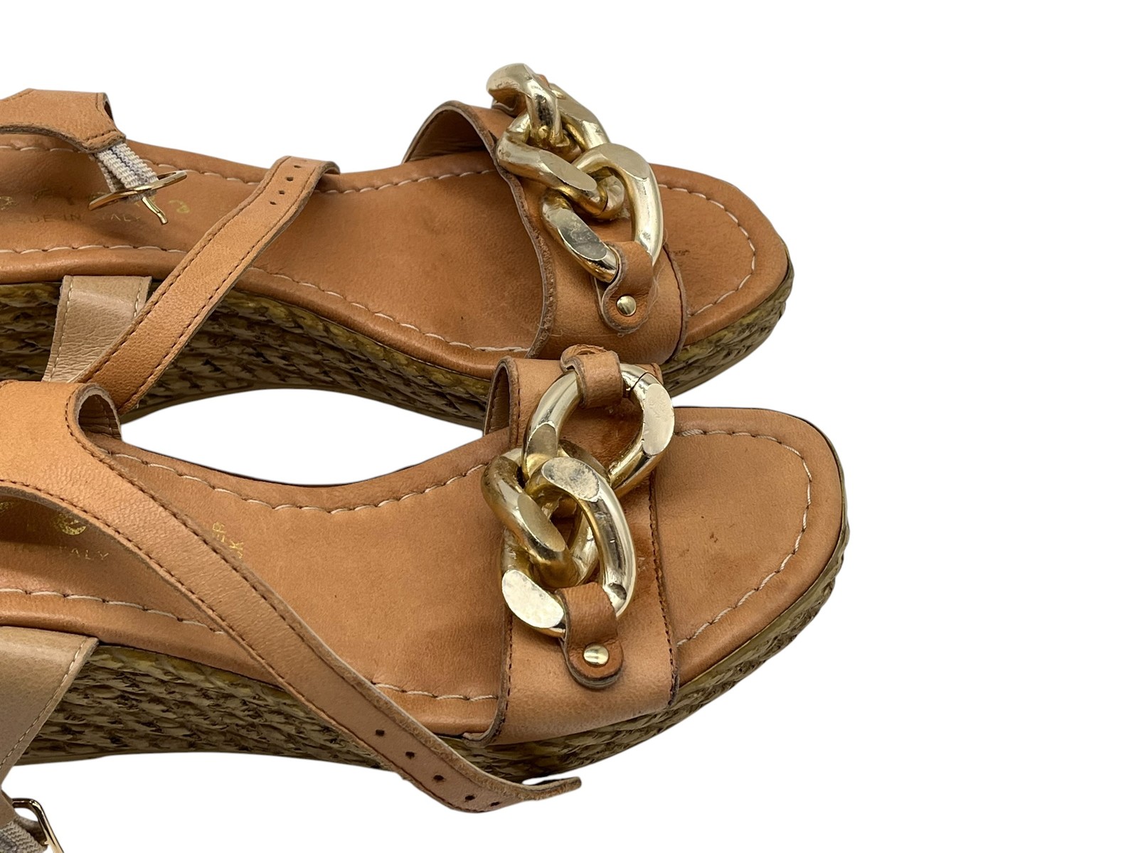 MarIella Women’s Tan Leather Chain Espadrille Wedge Sandals Size 38 Italy