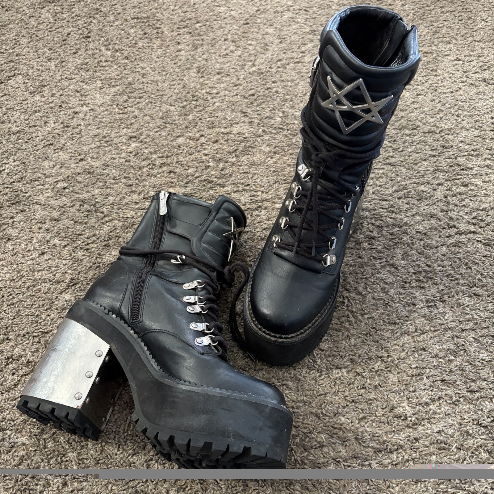 Killstar Goth Platform Combat Boots US 9 Black Pentagram Metal Heel