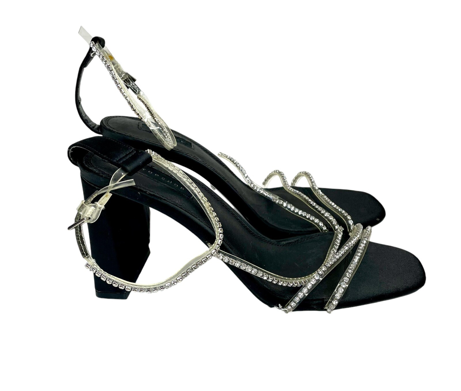 Topshop Black Satin Block Heel Rhinestones Embellished Straps SZ 42 EU NEW SH03