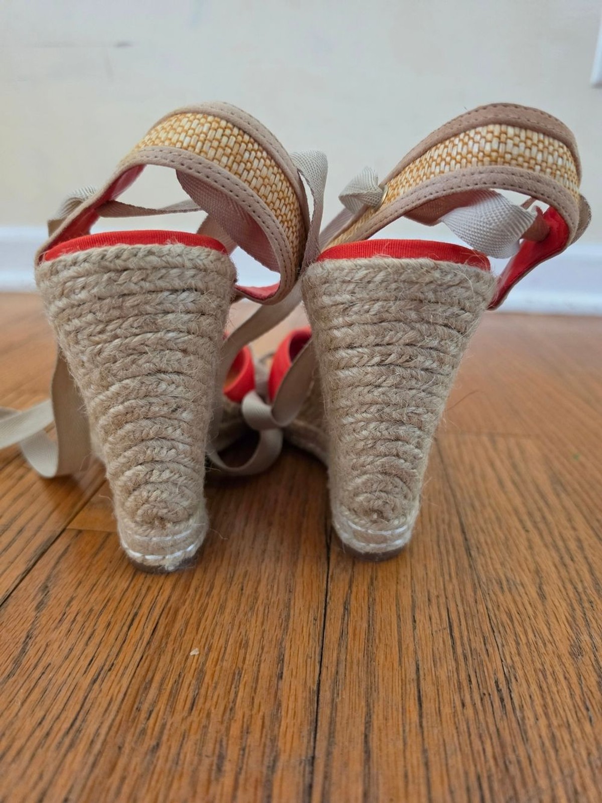 NEW! SCHUTZ Coral Canvas Espadrille Wedge Sandals with Gray Ankle Wraps Size 10