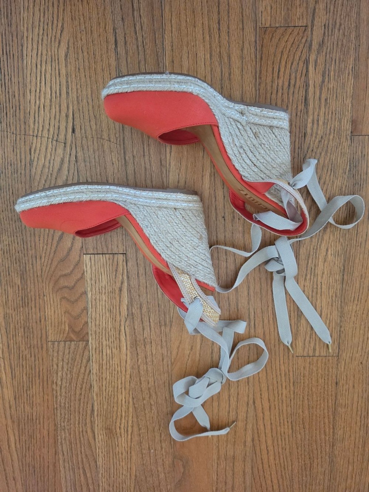 NEW! SCHUTZ Coral Canvas Espadrille Wedge Sandals with Gray Ankle Wraps Size 10