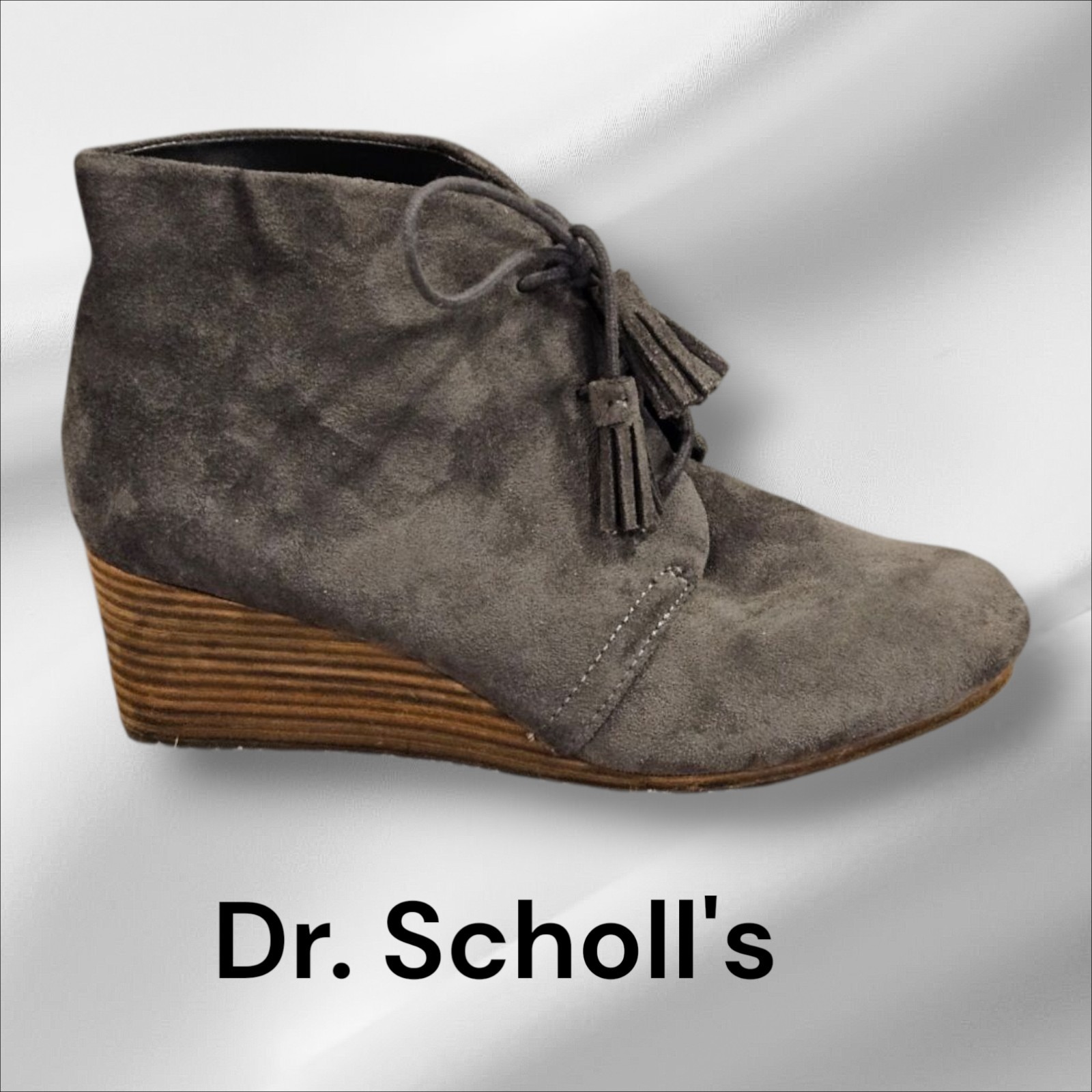 Dr. Scholl’s SZ 8 Dakota Gray 2.25″ Wedge Closed Almond Toe Tassel Laces Bootie
