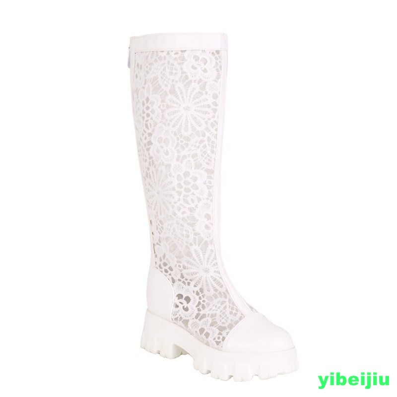 Women’s Knee High Lace Flower Boots Platform Chunky Heel Summer Shoes Lady Mesh