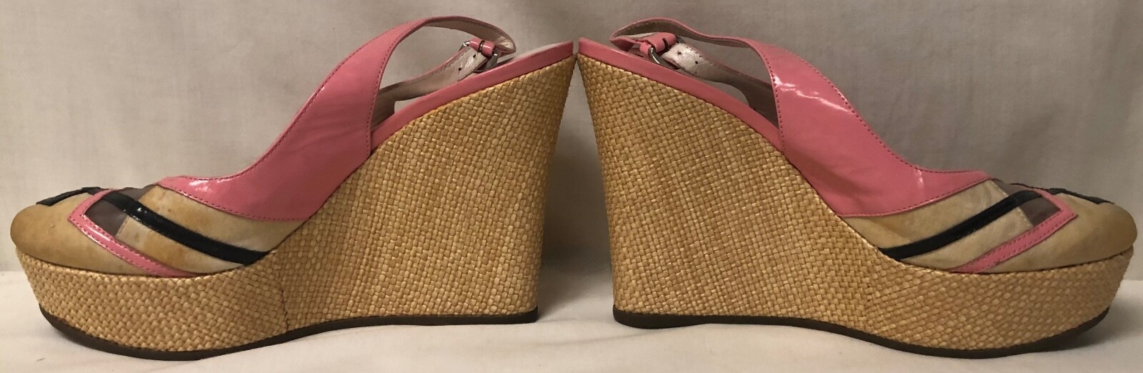 EMILIO PUCCI PINK CREAM & BLACK SATIN PATENT LEATHER SLINGBACK PLATFORM WEDGES 7