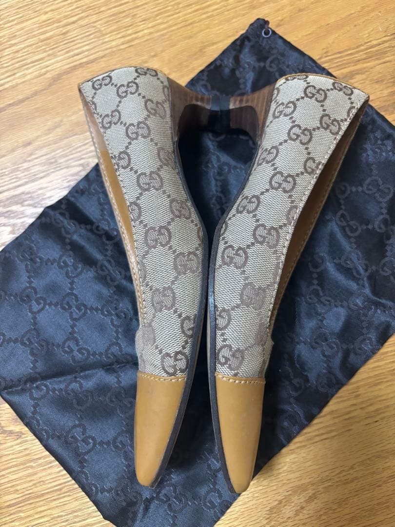 GUCCI Pumps 23cm Beige GG Canvas Leather Square Toe High Heels