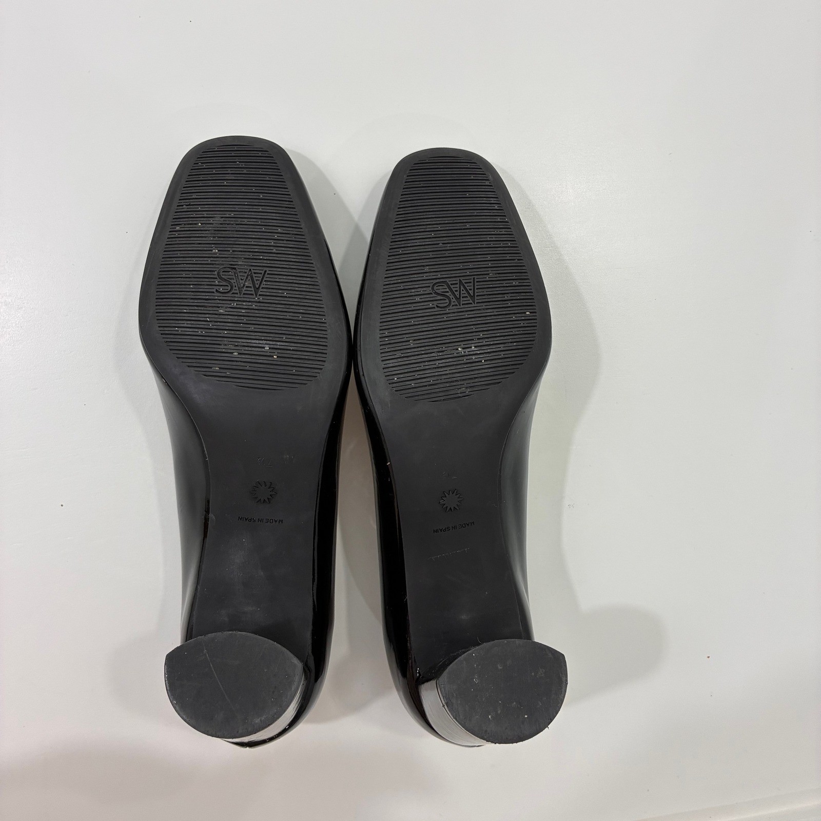 Stuart Weitzman Black Patent Leather Block Heel Square Toe Buckle Pumps 7.5B