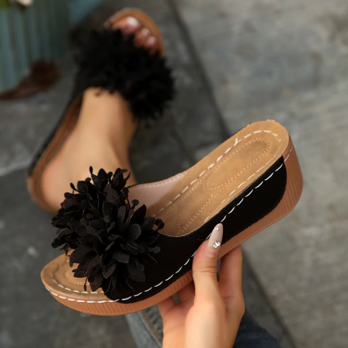Women’s Flower Wedge Sandals Open Toe Slip-On Summer Platform Slides Casual