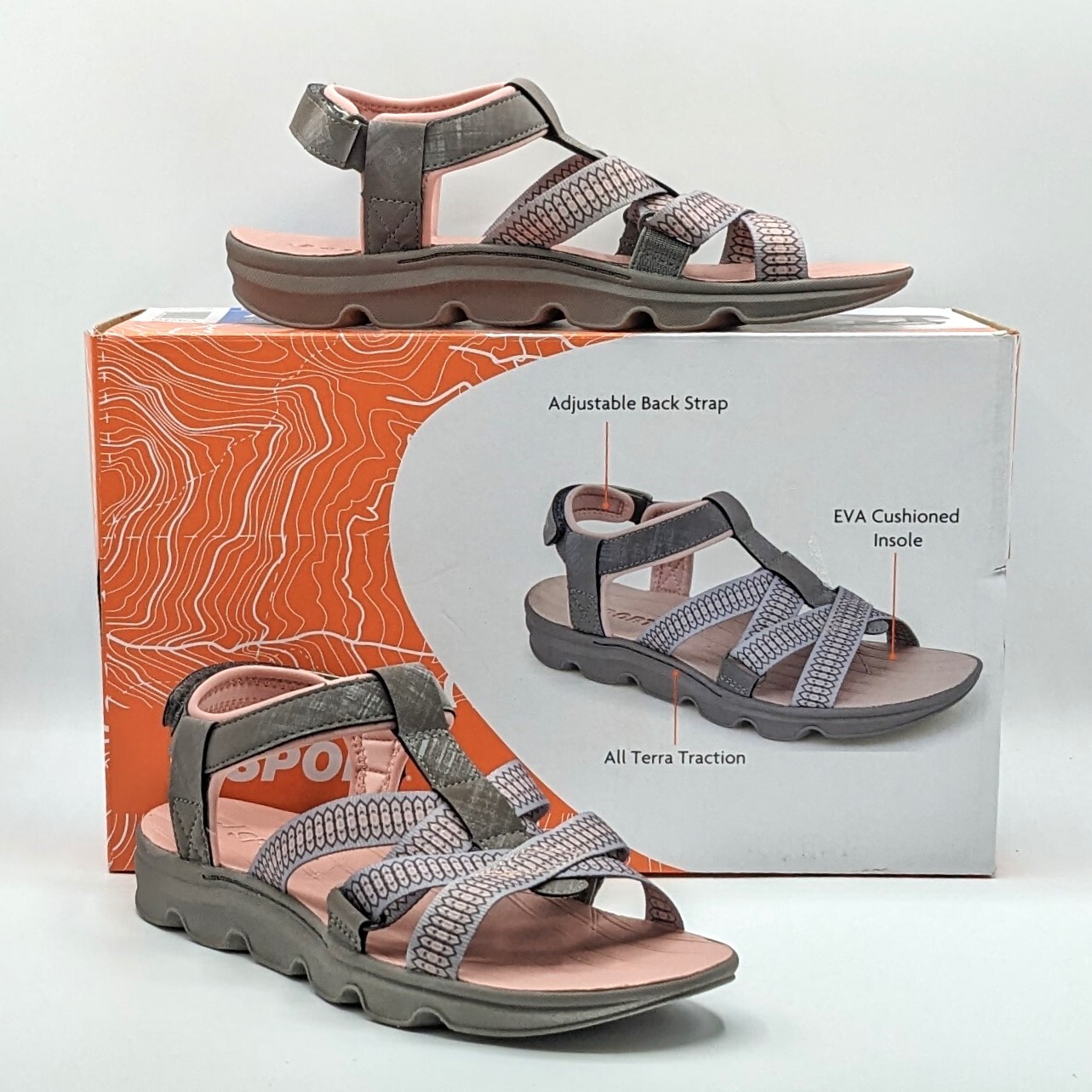 Jsport KAIA Women’s Sports Sandal – Adjustable Straps (Grey/Pink) NEW- Pick Size