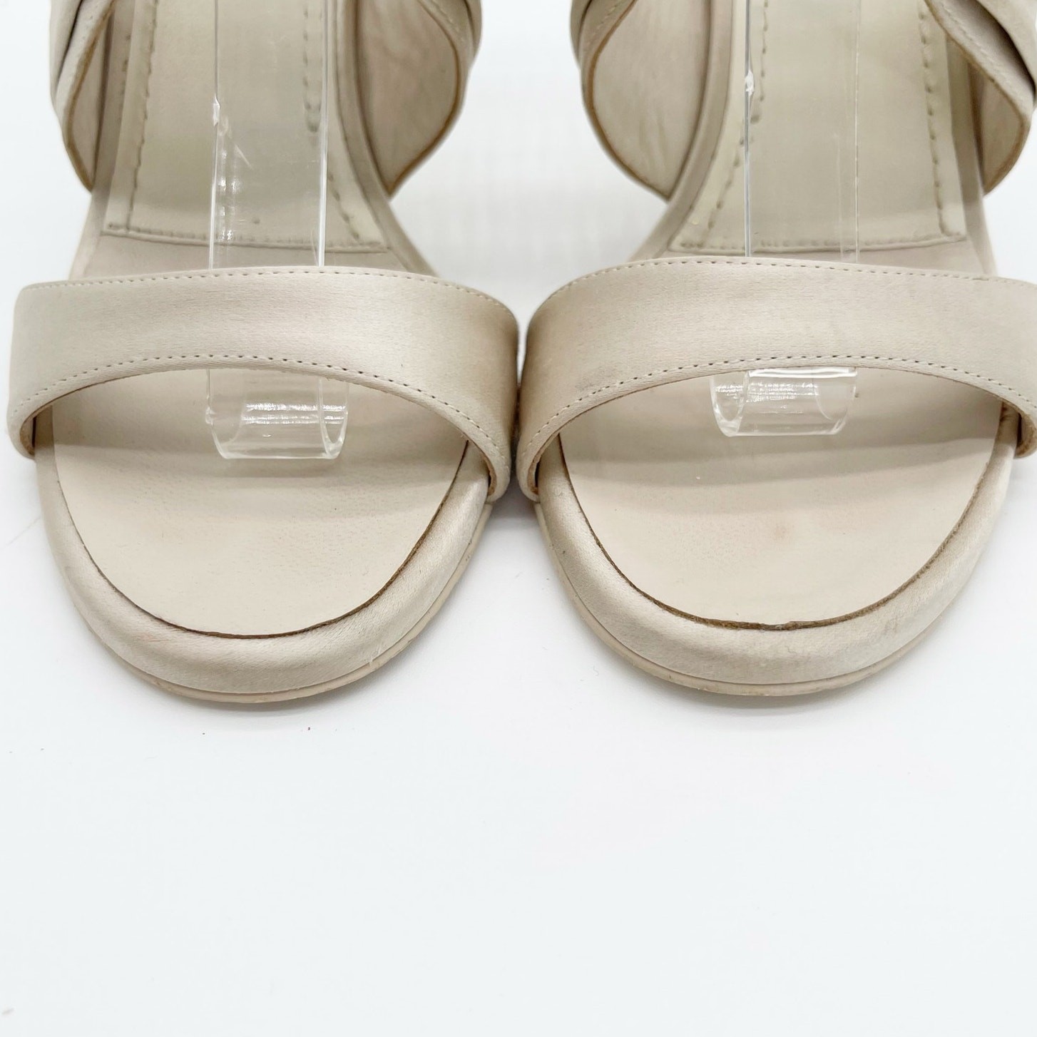 Chanel S/S 2023 Beige Satin Crystal CC Logo Ankle Strap Sandal Heels EU 36