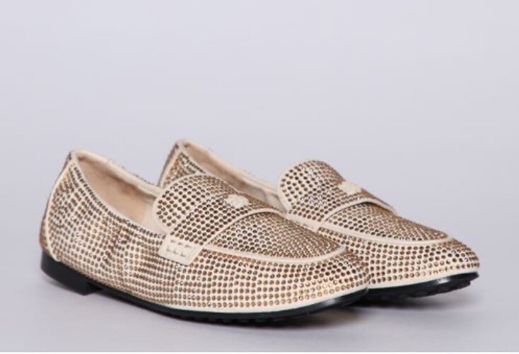 Tory Burch Champagne Crystal Covered Cream Suede Ballet Flats Loafer Sz 7.5 EUC!